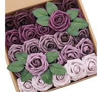 D-Seven Artificial Flower 25pcs Fake Roses with Stem for DIY Wedding Bouquets Floral Arrangements Wedding Flower Backdrop Bridal Shower Baby Shower Party Home Decor (Shades of Plum)