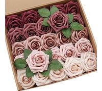 D-Seven Artificial Flowers 25pcs Burgundy & Mauve Ombre Color Foam Roses with Stems for DIY Wedding Bouquets Bridal Shower Table Centerpieces Party Decor