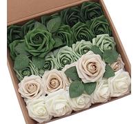 D-Seven Artificial Flowers 25pcs Forest Green & Tawny Beige Ombre Color Foam Roses with Stems for DIY Wedding Bouquets Bridal Shower Table Centerpieces Party Decor