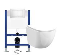 D-Shape Rimless Wall Hung Toilet Pan with Concealed Tall Cistern Fame - Chrome Flush Plate Square Button