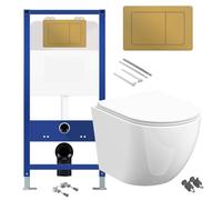 D-Shape Rimless Wall Hung Toilet Pan with Tall Concealed Cistern Fame - Brushed Brass Gold Flush Plate Square Button