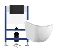D-Shape Rimless Wall-Hung Toilet Set with Low-Height Concealed Cistern & Soft-Close Seat - Matt Black Square Flush Plate