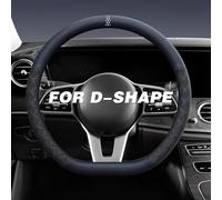 D Shape Steering Wheel Cover 14.5-15", Premium Napa Leather Flat Bottom Protector, Ultra-Thin Breathable Non-Slip Grip, Sweat-Absorbent 3D Texture, Universal Car Interior Accessories (black&navy blue)