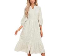 D-Sun Boho Midi Dress 3/4 Sleeve 2026 Summer Floral Lace Eyelet V Neck Wedding Guest Dress Button Up Shirt Long Dress, Beige, S