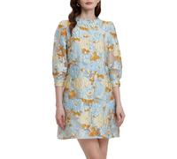 D-Sun Women's Floral Jacquard Dress Crewneck 3/4 Sleeve Shift Mini Dress Button Down Elegant Business Short Dresses, Light Blue, XL