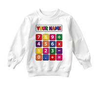 D&T Personalised Calculator Numbers Education Kids Sweatshirt Custom Name Learning Graphic Unisex Childrens Jumper 7-8 Years White