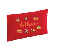 D&T Personalised Construction Vehicle Transportation Pencil Case for Boys Kids Student Stationery Pen Pouch Red