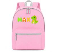 D&T Personalised Dinosaur Backpack Kids Name, Classic Pink/Light Grey | 12L junior school bag, 8 colours, padded straps, 16x10 cm name print, made to order