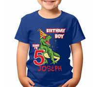 D&T Personalised Dinosaur Birthday T-Shirt for Boys Customisable with Name & Age Fun 5Th Birthday Party Outfit Girls #TA-195 9-11 Years Royal