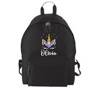 D&T Unicorn Personalised Text Back To School Kids Any Name Girls Boys Happy First Day At School Backpack Bag - Black - Size: 38 x 28 x 19 cm