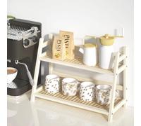 D-werack Wicker-Look Coffee Station Organizer, Bamboo Mug Holder Countertop, Kitchen Counter Shelf for Tea Coffee Bar Accessories, Matcha Stand, Cup Display, Condiment Storage Rack, 2 Tier, White