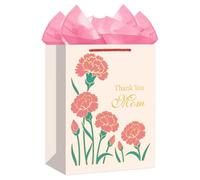 D4DREAM Mother's Day Gift Bag - 11.5'' Medium Pink Carnation Thank You Mom Paper Gift Bag with Tissue Paper for Mom Nana Grandma Wife Birthday Anniversary Mothers Day Party Supplies
