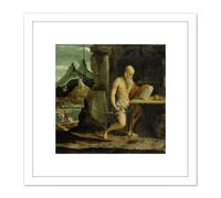 Da Brescia Saint Jerome Landscape Painting 8X8 Inch Square Wooden Framed Wall Art Print Picture with Mount Artery8 White One Size