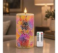 Da by 1 Piece Handmade Mosaic LED Candle, Colourful Red Purple Orange Break Glass Pattern, Realistic Flickering Flame, Natural Wax & Glass, 8.3 x 18 cm, Remote Control, Reusable for Indoor Decoration