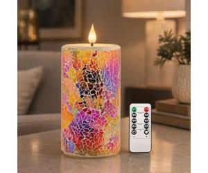 Da by 1 Piece Handmade Mosaic LED Candle, Colourful Red Purple Orange Break Glass Pattern, Realistic Flickering Flame, Natural Wax & Glass, 8.3 x 18 cm, Remote Control, Reusable for Indoor Decoration