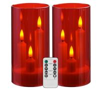 Da by 2 Pack 3-Core LED Taper Candles, Red Transparent Acrylic Shell Flameless Candles with Remote Control, Realistic Flickering Candle Lights for Home Wedding Christmas Indoor Decor