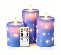 Da by 3 Pack Blue Flameless LED Candles with Fairy Lights, Realistic Moving Flame Paraffin Wax Candles, Remote Control Battery Operated, 8cm D x 12.5/14.5/16.5cm H, Indoor Home Wedding Party Decor