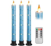 Da by 3 Pack Blue Flameless LED Taper Candles with Fairy Lights, Realistic Moving Flame, Heat Resistant Reusable Plastic Candles, Remote Control, 2.2cm x 25cm, Indoor Outdoor Wedding Decor