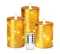 Da by 3 Pack Gold Flameless LED Candles with Fairy Lights, Realistic Moving Flame Flickering Wax Candles, Battery Operated with Remote Control, 3.15” D x 5/5.5/6.5” H, Indoor Home Wedding Party Decor