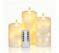 Da by 3 Pack Ivory Flameless LED Candles with Fairy Lights, Realistic Moving Flame Paraffin Wax Candles, Remote Control, Soft Warm Light, 8cm D x 12.5/14.5/16.5cm H, Indoor Wedding Home Decor