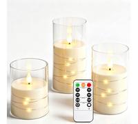 Da by 3 Pack Ivory Flickering Flameless Candles, Black Wick LED Candles with Fairy Lights, Heat Resistant Reusable Plastic, Remote Control, 7.5cm D 10/12.5/15cm, Indoor Outdoor Wedding Home Decor
