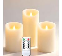 Da by 3 Pack Ivory Paraffin Wax Flameless Candles, Realistic Moving Wick Flickering LED Pillar Candles with Remote Control, Battery Operated Warm Lights for Home Wedding Indoor Outdoor Decor