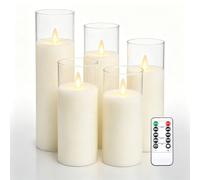 Da by 5 Pack Glass Ivory Paraffin Wax Flameless Candles, Moving Wick Flickering LED Pillar Candles with Remote Control, Battery Powered Warm Lights for Home Wedding Party Indoor Outdoor Decoration