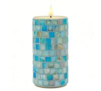 Da by Handmade Mosaic LED Candle with Natural Blue Shell Shards, Realistic Flickering Flame, Natural Wax, 8.3 x 18 cm, Remote Control, Reusable for Maritime Indoor Decoration, Pack of 1