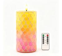 Da by Handmade Mosaic LED Candle with Yellow/Orange Gradient Stained Glass Shards, Realistic Flickering Flame, Natural Wax & Glass, 8.3 x 18 cm, Remote Control, Reusable for Indoor Decoration, Pack of