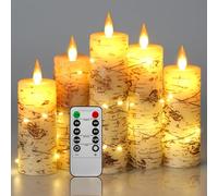 Da by LED Candle Hand Painted Birch bark Embedded with Fairy lamp Battery Candle 5-Piece Set (Height: 13/14/16/18/20 cm) with Dancing LED Flame 10 Button Remote