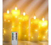 Da by LED Candles, Built-in String Lights, 5 LED Candles, with 10-Key Remote Control, 24 Hour Timer Function, Dancing Flame, Real Wax, Battery Powered.