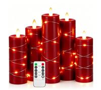 Da by Red Flameless Candles with String Lights, Battery Operated Candles with Remote Control and Timer,Flickering LED Pillar Candles for Home Décor,Real Wax,5 Pack -Red