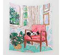 Daawqee Little Naps Tuxedo Cat Napping in a Pink Mid Century Chair by The Window Wall Tapestry Hanging Tapestries Wall Art for Living Room Bedroom Dorm Decor 80X60 inches