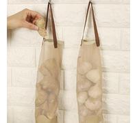 Daaxing 5Pcs Hanging Long Mesh Onion Bags, Kitchen Fruit Vegetable Hanging Organizer Pouch, Polyester, Breathable Mesh, Easy-Open Closures, Light Brown, 45.5cm x 11.5cm