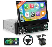 DAB/DAB+ Single Din Car Stereo with Apple Carplay Android Auto, Podofo 7 inch Motorized Flip Out Touch Screen Bluetooth Radio with Mirror Link/FM/SWC/Backup Camera/External Mic/2 USB+Type-C Ports