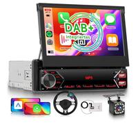 DAB/DAB+ Single Din Car Stereo with Wireless Carplay Android Auto, Hodozzy 1 Din 7 inch Flip Out Touch Screen Bluetooth Car Radio with Mirror Link/EQ/FM/USB/Type-C/AUX/Mic+ HD Rear View Camera
