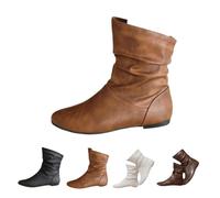DaBaoDan Women's Leather Slouch Flat Ankle Boots fall shoes | Flat low heel, comfortable slouchy, slip on, outdoor walking, pull on, fall winter casual daily outfits, round toe, non slip