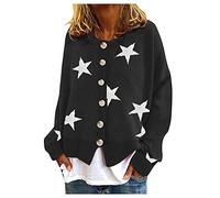 DABAOK Cotton Cardigans for Women UK Star Printing Long Sleeve O-Neck Sweater Cropped Button Sweater Top Longline Balloon Sleeve Knitted Cardigan Black