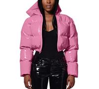 DABAOK Deals Under 20 DollarsLong Rain Jacket Women Warm Short Shiny Padded Hooded Leather Jacket (Pink, L)