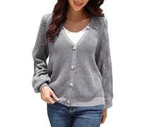 DABAOK Dress Cardigan V Neck Single Breasted Cuffed Long Sleeve Plaid Solid Color Leisure and Comfort Fit Lohas Time Cardigan Knitting Patterns Ladies Cardigan Grey