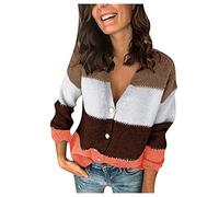 DABAOK Limited Time Deals Long Open Knit Cardigans for Women Casual Soft V-neck Color-Block Stripe Button Cardigan Knit Cardigan Sweater Womens Button Sweaters Cardigans (Orange, XL)