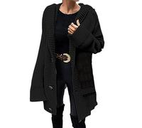 DABAOK Open Back Sweater Winter Solid Color Single Breasted Hooded Sweater Mid Length Coat Suitable for Family Trips to Parties Lohas Time Cardigan 1950s Cardigan (Black, L)