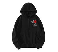 DABAOK Rose Hoodie Zip Up Hoodies Oversized Long Sleeve Pocket Sweatshirt Pullover Top Petite Woman (Black, XL)