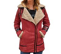 DABAOK Todays Daily DealsWomens Sweater Winter Coat Lapel Collar Long Sleeve Padded Leather Jacket Vintage Thicken Coat Sheepskin Jacket Work Casual Outfits for Women (Red, L)