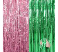 DABAOOU 2pcs 3.28 x 8.2 Ft Green and Pink Glitter Streamers Backdrop Party Decoration Tinsel Foil Fringe Curtains for Witch Princess Themed Party Disco Cosplay Birthday Decor Supplies