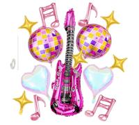 DABAOOU Disco Party Decorations Ball Balloons 14Pcs Pink Music Note Balloons Set, 4D Shining Colourful Disco Balloons, Inflatable Guitar for Singer Fans, 80s Rock & Roll Dancing Queen Theme Supply