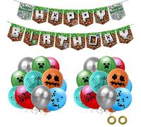 DABAOOU Gaming Pixel Birthday Cartoon Party Decoration, 1Pcs Happy Birthday Banner 24Pcs 12 inch Latex Balloons, Video Game Themed Fans for Girls Boys Party Decor Supplies