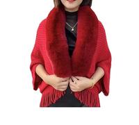 DabinFa Knitting Thick Women's Loose Shawl with Fur Collar,Softies Fur Shawls and Wraps for Weddings Evening Dresses (Red)