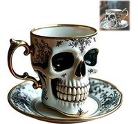 DabinFa Royal Skull Coffee Mug with Saucer Set - Gothic Porcelain Tea Cup with Gold Trim, Halloween Skull Cup Gift for Collectors & Coffee Lovers (A - Diskless)