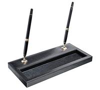 Dacasso Classic Black Leather Double Pen Stand with Gold Accents, 13.64 x 28.24 x 2.54 cm